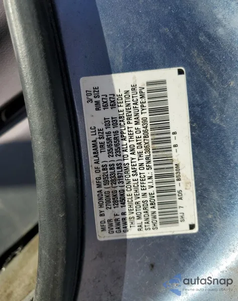 2007 Honda Odyssey Exl from USA, damaged, VIN 5FNRL386X7B064390